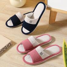 女士条纹休闲涤纶字母露趾拖鞋，四季皆宜居家穿着 - M粉紅色 - 查看 3