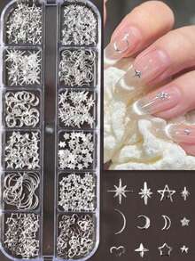 12pcs/Box Metal Butterfly & Heart Shaped Nail Decorations, Y2K Style Hollow Heart, Bow, Moon, Star Shiny Star Nail Rivets, DIY Nail Accessories Nails - Silver - View 9