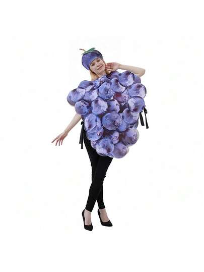 1 Set Purple Grape Cosplay Jumpsuit [Hat + Jumpsuit], Fruit Series Costume For Halloween, Christmas, Party, Surprise Role Play