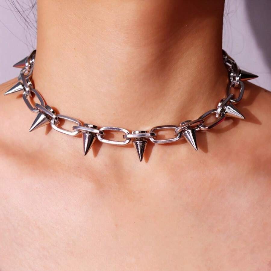 1 Piece Of Vintage, Unique, Exaggerated Style Punk Hip-Hop Studded Necklace, Suitable For Parties, Gatherings, And Everyday Wear - màu đen - Xem 1