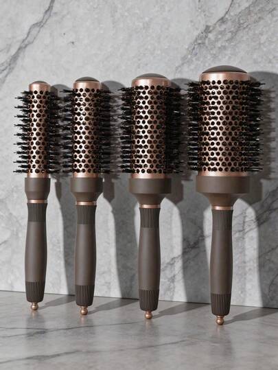 3-In-1 Aluminum Tube Curling Comb, Professional Hair Styling Tool, All-In-One Blow-Drying, Combing, And Styling, Multi-Functional Brown Round Comb, Salon-Grade Styling Comb, Suitable For Straight And Curly Hair.