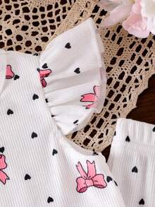 2pcs Baby Girls Cute Bow Heart Print Sleeveless Top + Matching Print Flare Pants Set, Summer - White - View 4