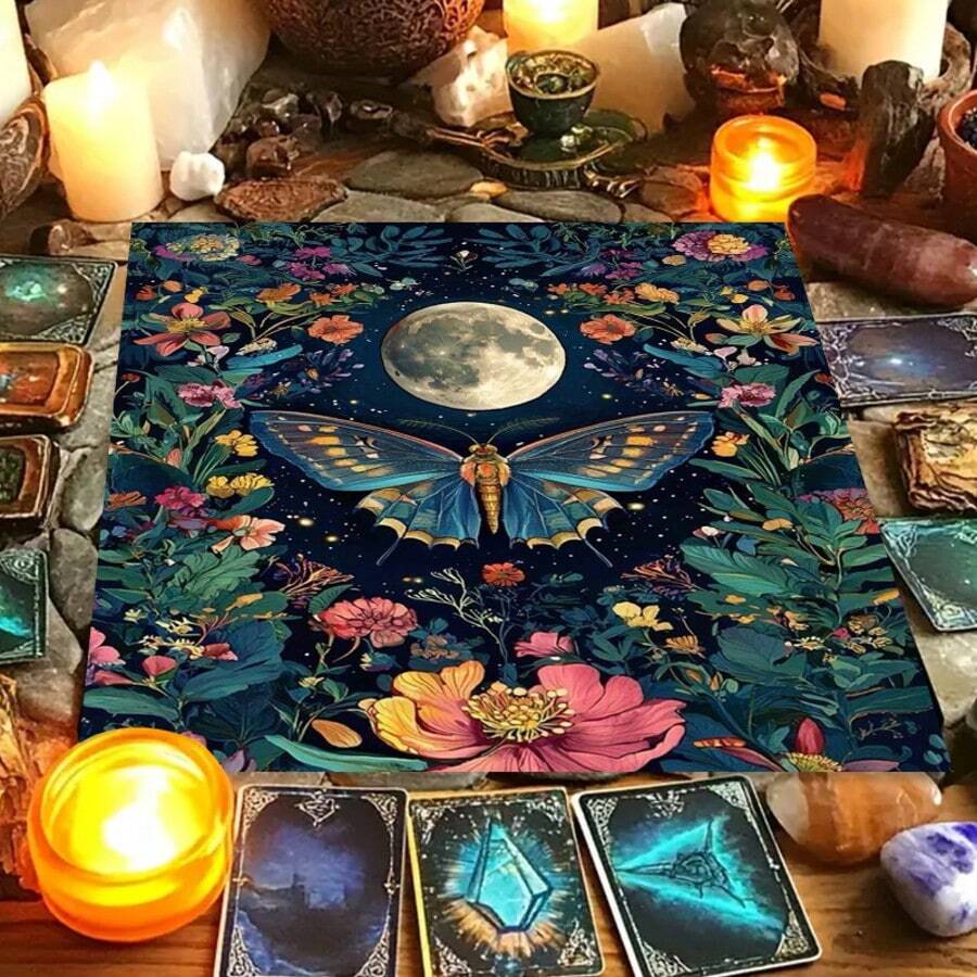 1 chiếc khăn trải bàn/bàn thờ Tarot họa tiết bướm, trăng, hoa lá, dùng trong nghi lễ tâm linh, chiêm tinh học, bói toán. - màu đen - Xem 1