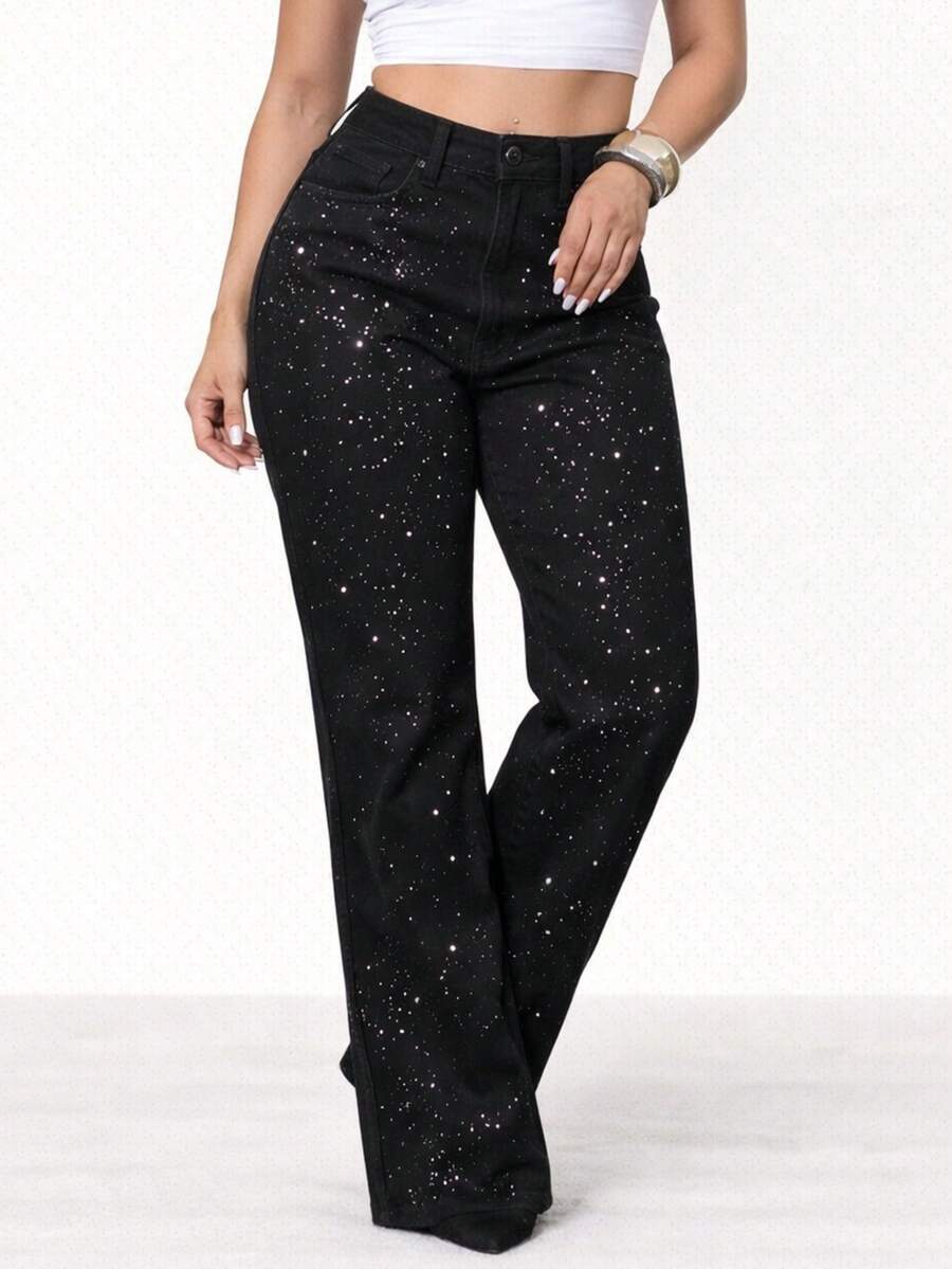 Women's Premium High Waisted Wide Leg Shiny Jeans - Black Glitter2 - View 1