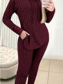 Women's Casual Solid Color Sweatshirt And Pants Set With Drawstring - Autumn Style - Burdeos - Ver 3