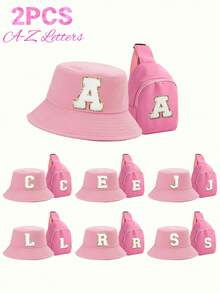 2pcs/Set Kids 26 Letters Bucket Hat And Bag Set, Suitable For Boys And Girls Casual Outings In Spring & Autumn - Pink - View 2