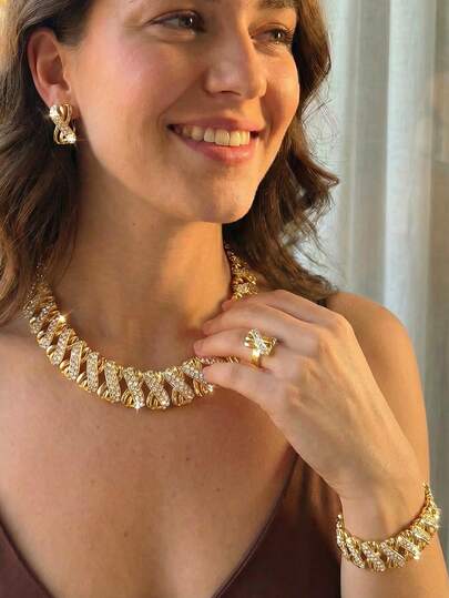 女士手链 假鼻环饰品收纳盒 女士耳环 女士项链 女士手链 女士戒指 华丽金色水晶项链、耳环、手链和戒指套装 – 节日礼物