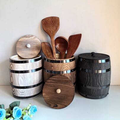 1pc Vintage Rustic Wooden Utensil Holder, Kitchen Utensil Holder With Lid, Spoon Holder, Suitable For Storing Cooking Tools, Collectibles And Items, Faux Floral Decor, Paint Brush Holder