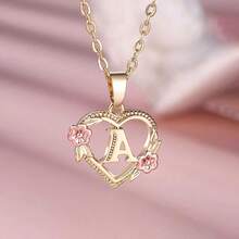 Gold Letter Gold Flower Heart Necklace Simple A-Chain - Gold Letter a Rose Gold Flower - View 5