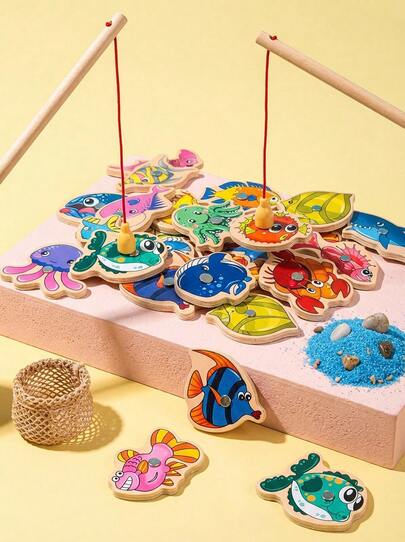 Magnetic Ocean Fishing Game - Interactive Wooden Tabletop Toy For Youngsters, Enhances Hand-Eye Coordination & Focus, Creative Gift Idea