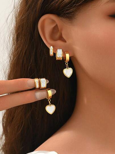 3 pares de pendientes de aro con colgante de corazón con diamantes microincrustados de acero inoxidable vintage, uso versátil diario para mujeres