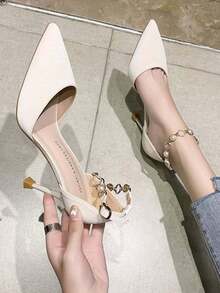 Zapatos de tacón alto de punta fina para mujer, tacón delgado, bombas de estilo francés versátiles - Beis - Ver 2