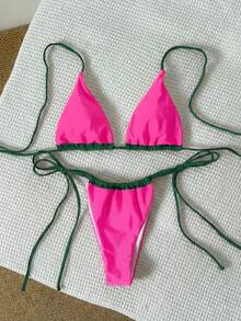 Set Bikini Halter Tanpa Punggung Warna Pink Polos Baru, Cocok untuk Pantai, Pesta Kolam Renang, dan Liburan Musim Panas. - Hot Pink - View 3
