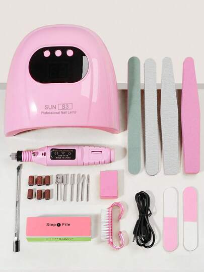 14pcs Nail Care Set: UV/LED Nail Lamp (USB Powered), Polishing Strips, Nail Drill, Sanding Bands, Nail Brushes, Double-Ended Cuticle Pusher, Buffing Block, Manicure Tool Kit, Suitable For Beginners And Home Nail Salons Nails