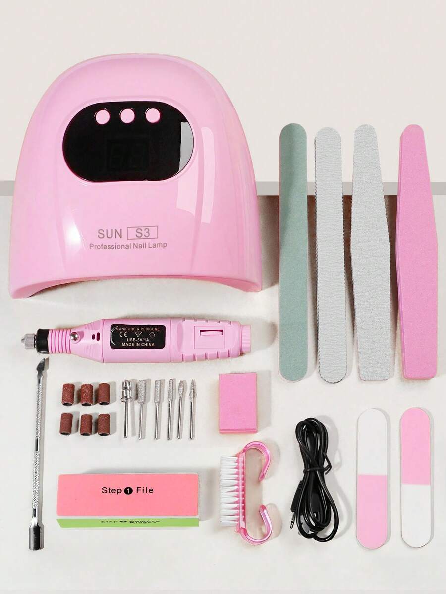 14件套美甲护理套装：UV/LED美甲灯（USB供电）、抛光贴、美甲打磨机、砂纸条、美甲刷、双头角质层推棒、抛光块、美甲工具套装，适合初学者和家庭美甲沙龙使用。 - 彩色 - 查看 1