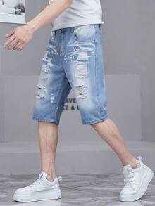 Teenage Boys' Casual Campus Fashion Straight Leg Denim Shorts, Versatile Streetwear - Light Wash - View 2