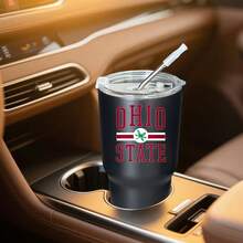 30oz Stainless Steel Tumbler Black White Options,  Ohio State Logo With Red And White Stripes Graphic Cups, Insulated Travel Coffee Mug With Lid And Straw , Double Wall Vacuum Reusable Travel Cups, Funny Birthday Party Gift For Women & Men - 黑色 - 查看 2