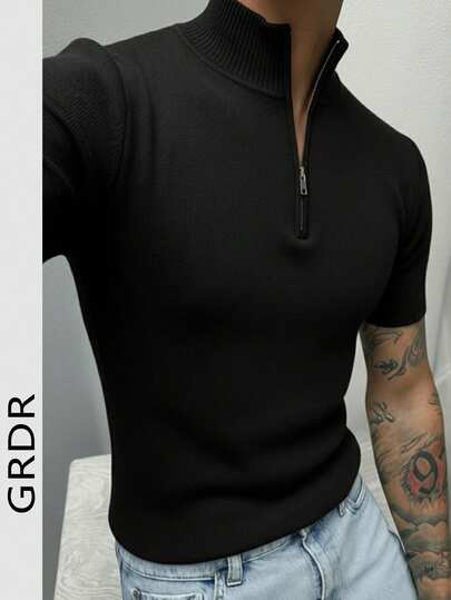 GRDR Camisa de punto de manga corta con media cremallera para hombre, adecuada para el transporte diario y ocasiones de negocios, minimalista y versátil