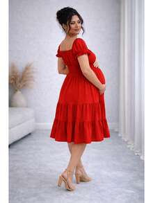 Vestido Liso Curto Feminino Plus Size Elegante Estiloso Confortável Moderno Evangélico Chá Revelação Soltinho - Vermelho - Visão 2