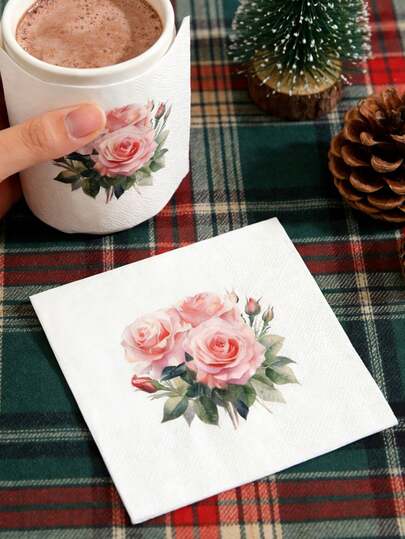 30/20/1pc 10*10 Inch Thick Absorbent Napkins With Rose Print. One-Time Use Party Tableware For Birthday Party Decoration, Home, Restaurant And Kitchen Essentials, Festival Decoration.
