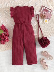 Girls' Cap Sleeve Jumpsuit With Floral Bag, Comfortable & Fashionable For Spring/Summer - Burgundy - View 3