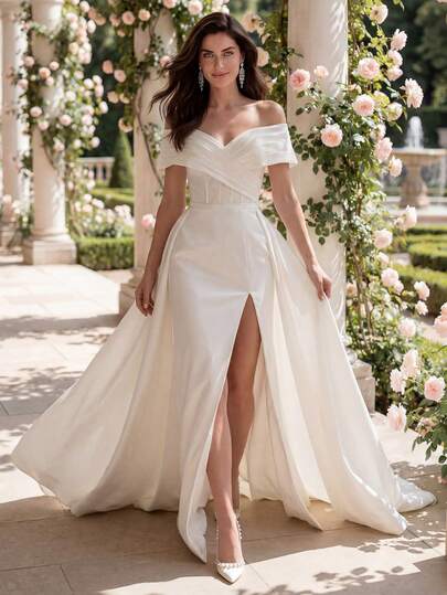 Solid Color Off-Shoulder Fashionable Elegant Wedding Dress