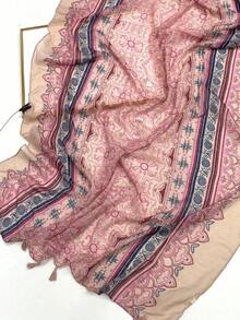 1pc Simple Printed Scarf, Lightweight & Breathable Tassel Shawl, Elegant & Fashionable Design For Women, Versatile Silk Scarf For Spring/Summer, Outdoor Sun Protection Beach Wrap, Headscarf For Dress - 咖啡棕色 - 查看 7