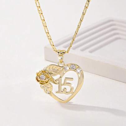 1 pieza Collar con colgante de rosa con forma de corazón chapado en oro, incrustado con diamantes de CZ, diseño de cadena en espiral, adecuado para fiestas de cumpleaños de 15 años y uso de niñas