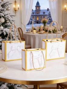 10pcs/1pc/Small Thank-You Gift Bag With Bow And Handle, Measuring 14X12X6CM. Suitable For Jewelry, Baby Showers, Bridal Showers, Wedding Season/Mother's Day And Christmas Holiday Gifts. - Gold Trim + White Bow - View 7