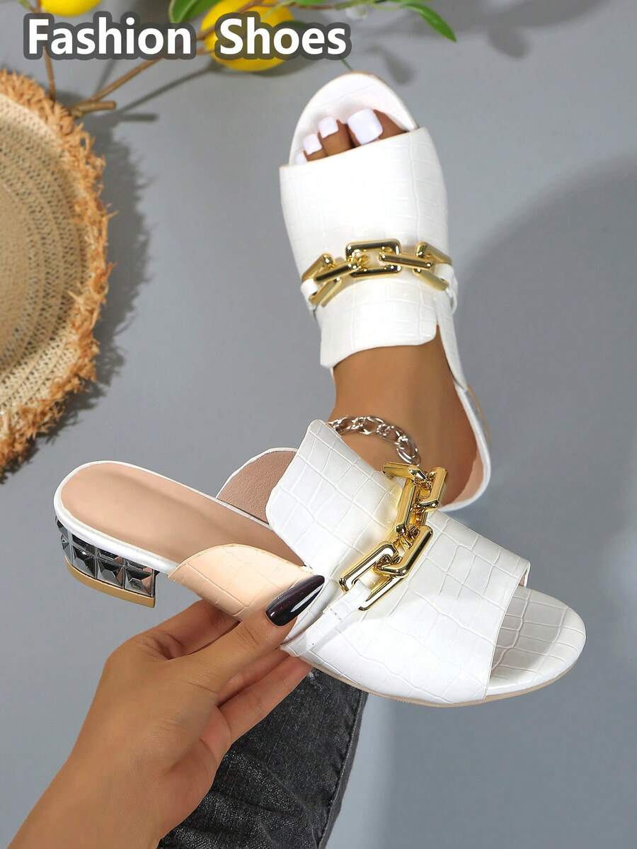1 Đôi giày cao gót thời trang nữ thanh lịch mới, họa tiết da cá sấu, gót bạc, sandal cao gót hở mũi đa năng, dép cao gót quai ngang, thích hợp cho du lịch thường ngày - trắng - Xem 1