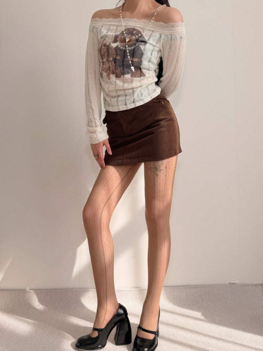 1 Pair Vertical Striped Fishnet Stockings, Retro Striped Pantyhose - Brown - View 1