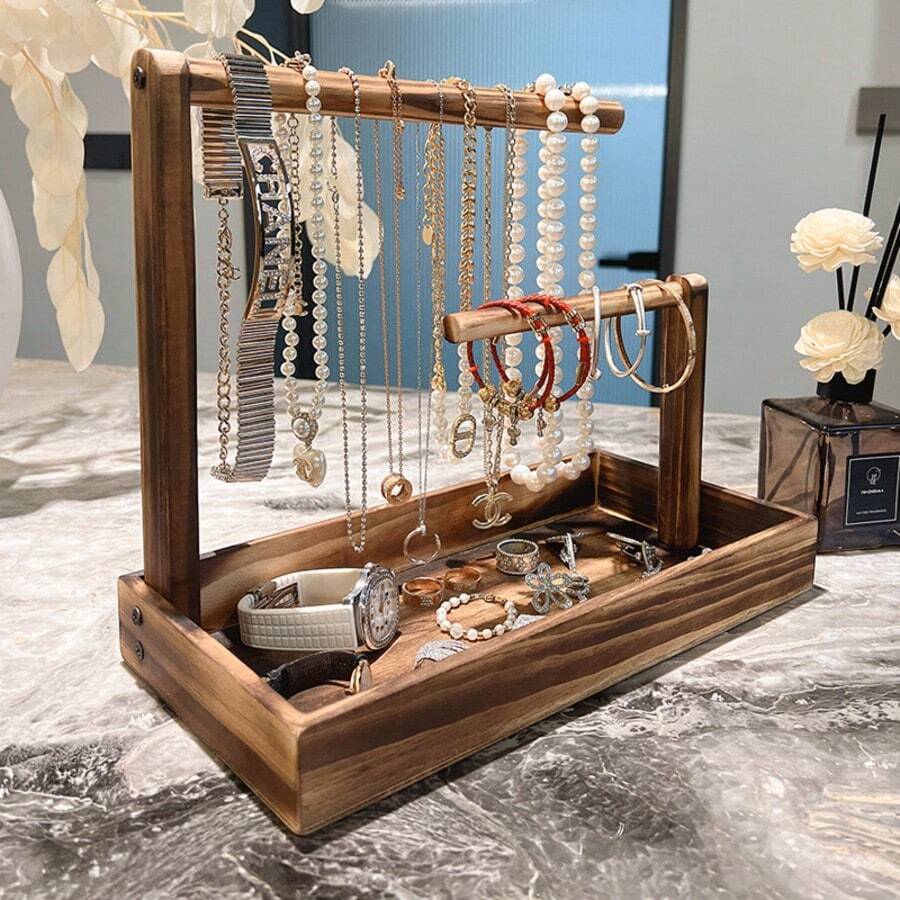 1件复古风格多层木质首饰展示架，木质托盘，适合悬挂项链、耳环、戒指，底部带有额外储物空间，首饰展示架，首饰收纳架 - 彩色 - 查看 1