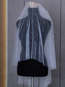 1 pièce Voile de mariée en tulle scintillant et étoilé avec perles, voile de mariage à couche unique de longueur mi-doigt, accessoire de cheveux de mariage de longueur de chapelle - A - Voir 21