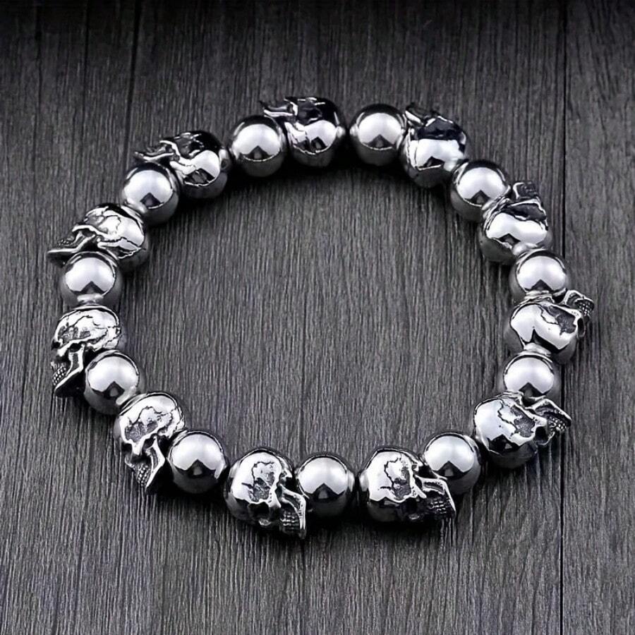 1pc Gothic Style Full Skull Bracelet, Men's Rock Jewelry - Silver - View 1
