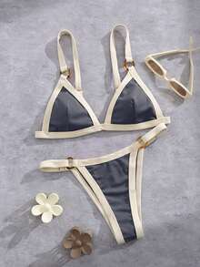 Bộ bikini và quần tam giác phối màu dành cho nữ, thích hợp mặc đi biển mùa hè. - Lan xám - Xem 3