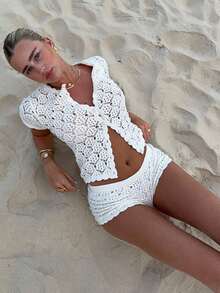 Women's White Hollow-Out Knit Top And Shorts Set - White - View 1