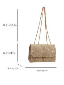 时尚草编单肩包，小方包配链条 - 卡其色 - 查看 7