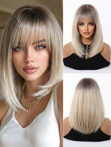 12 Inch Ombre Brown Black Gold Wig, Women's Short Straight Bob Hairstyle With Bangs, Heat Resistant Synthetic Fiber Wig, Fashionable And Versatile, Suitable For Women And Girls For Daily Wear, Parties, Cosplay, Photography And More - 漸層 - 查看 2