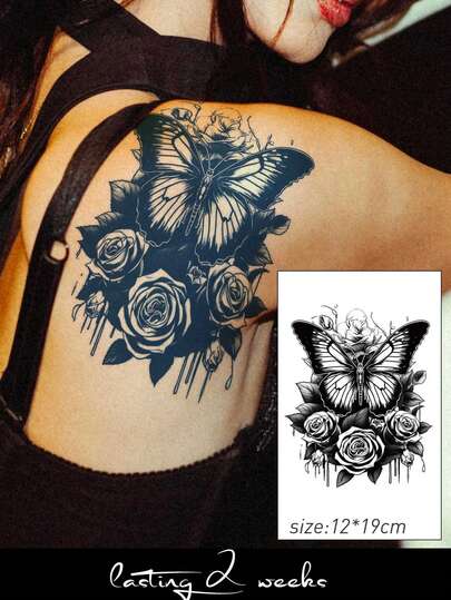 Herbal Juice Semi-Permanent Magic Tattoo Sticker, MiniSimple Tattoo For Women, Geometric Tattoo Elegant Butterfly & Rose Design, Festival Tattoos, Party Favors Temporary Tattoos, 7-14 Days Waterproof Non-Reflective Tattoo Sticker For Arm, Abdomen, Back, Thigh, Shoulder, Neck, Collarbone, 1 Sheet