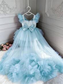 Blue Bowknot Sequin Mesh Trailing Princess Dress, Suitable For Birthday Party, Christmas, Prom, Wedding, Flower Girl - 淺藍色 - 查看 1
