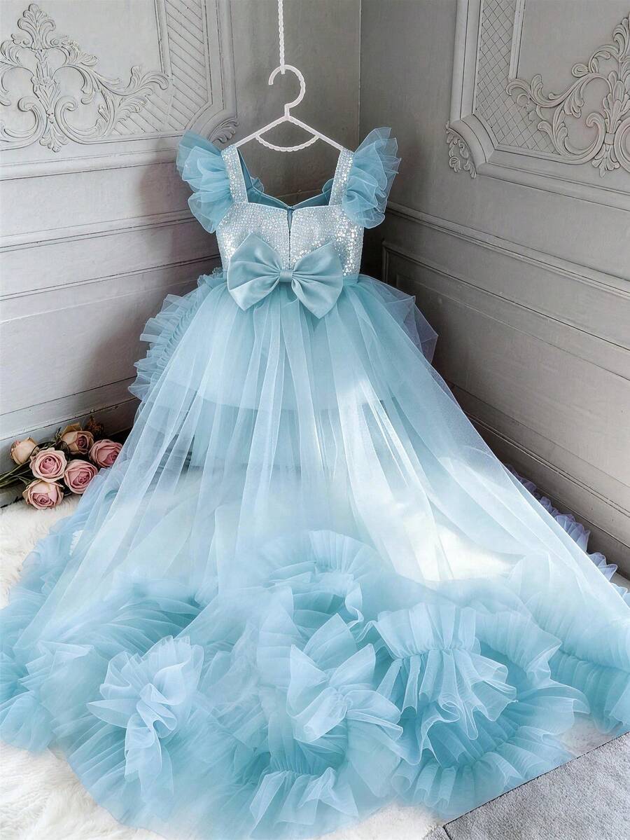 Blue Bowknot Sequin Mesh Trailing Princess Dress, Suitable For Birthday Party, Christmas, Prom, Wedding, Flower Girl - 淺藍色 - 查看 1
