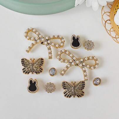 10pcs DIY Shoe Decoration Charms - Shiny Pearl Bow, Rabbit, Butterfly, Flower Decor Buttons, Non-Metal Lightweight Material, Y2K Fashion Versatile Cute Unisex, Suitable For EVA Beach Shoes, Slippers, Detachable Shoe Decor, Holiday Gift