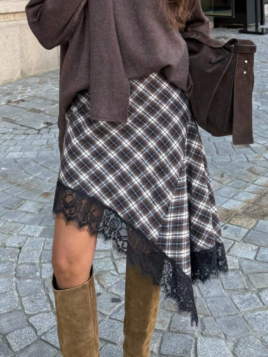 Women's Plaid Print Midi Skirts High Waist Lace Patchwork Skirt Loose Fitted  Irregular Hem Skirts Summer Party Club Skirt Going Out Aesthetic Streetwear - 淺棕 - 查看 1
