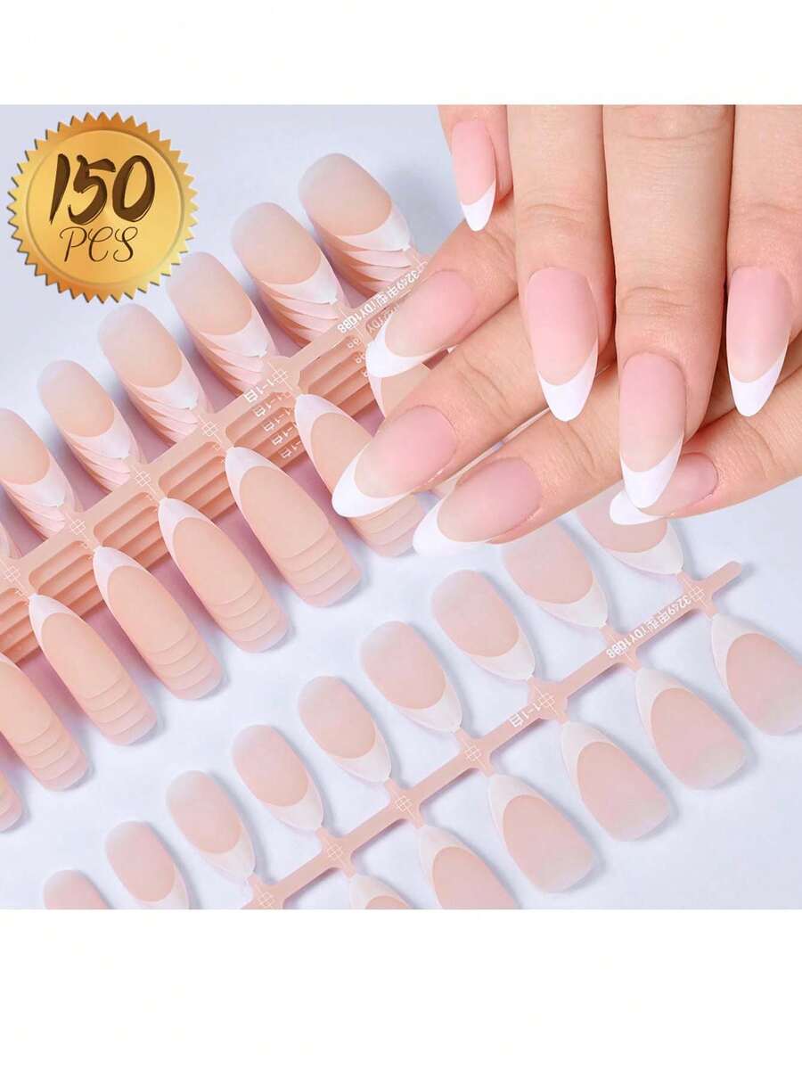 150 Stücke kurze mandelförmige Lotus-Wurzel rosa & weiße französische Gel-Kunstnägel Set, matte französische Fake Nägel, weiche Gel-Nageltips, dauerhafte Kunstnägel für Maniküre DIY, geeignet für Frauen und Nagelstudios, Sommer Geschenkidee - Altrosa - Übersicht 1