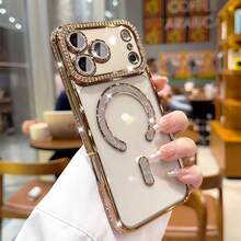 亮片钻石透明手机壳，金色闪光钻石，单件装，兼容苹果 17 Pro Max、17 Pro、17 Air、17、17e，也适用于 16、15、14、13、A12、11 Pro Max Plus，支持无线充电，防震，水钻设计，时尚美观，兼容苹果用户 - 金色 - 查看 3