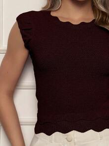 ONLYONE - Modal Cropped Blouse With Japanese Sleeves And Wave Detail At The Hem - Women's Blouses, Knit Blouses - Burgundy - View 4