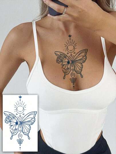 1pc Paper Temporary Tattoo, Simple Artistic Butterfly, Moon, Floral Design, Unisex Body Art Fake Tattoo, Waterproof, Sweat-Proof, Suitable For Arms, Chest, Abdomen And Back, Easy To Apply And Remove, Lasts 7-14 Days, DIY Gift