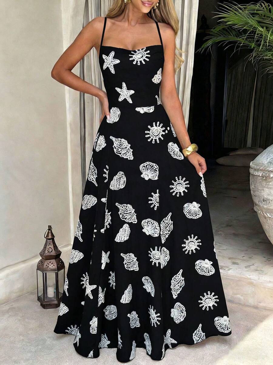 Shell Jacquard Pattern Elegant Backless Tie Strap Women Beach Maxi Dress Party Black Summer - Black - View 1
