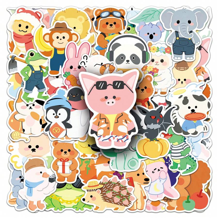 50pcs Hand-Drawn Doodle Small Animal Stickers, Cartoon Cute Pet Stickers For Scrapbooking, Water Bottle - Square - View 1