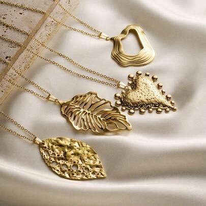 1 buc. Colier elegant de lux din oțel inoxidabil placat cu aur de 18K, cu frunză ciocănită goală, inimă cu dungi, pandantiv cu bilă rotundă, bijuterie hipoalergenică potrivită pentru femei, de zi cu zi, pentru întâlniri, vacanță, versatil, cadou